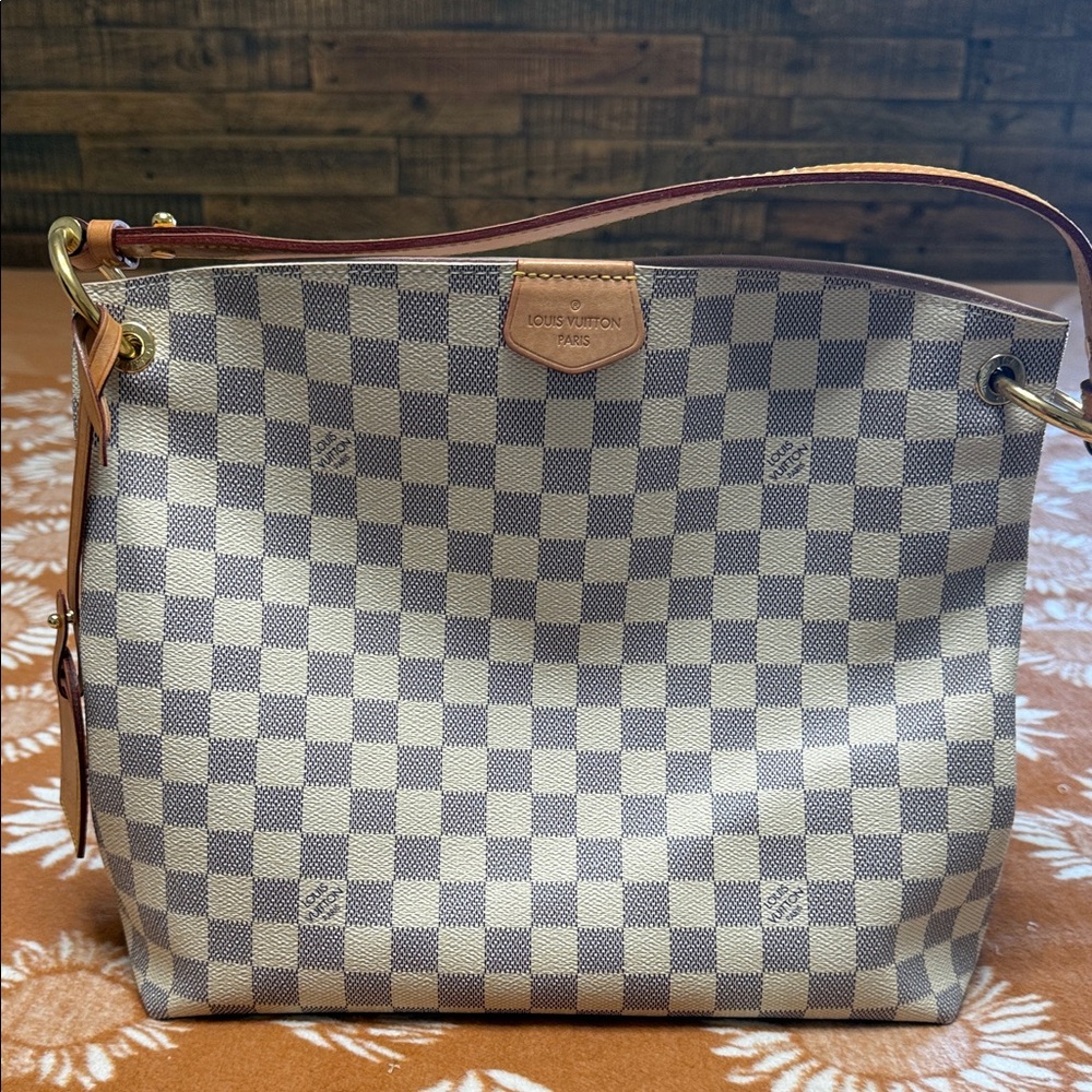 Louis Vuitton Graceful Damier Azur Canvas Shoulder Bag in Beige and Vanilla.